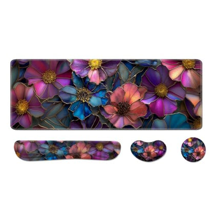 Desk Pad and Keyboard Wrist Rest, Large Mouse Pad + Keyboard Pad+Mouse Wrist Support, Non-Slip Desk Mat Protector for Office, Home 31.5×11.8 Inches Glass Flower - color: Glass Flower