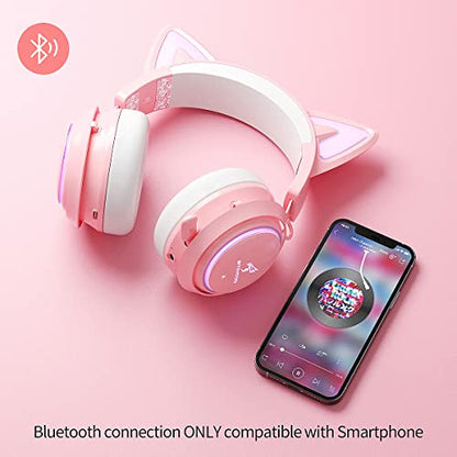 EASARS Wireless Cat Ear Headphones, Pink Gaming Headset Bluetooth 5.0 for Smartphone, Retractable Mic, 50mm Drivers, RGB Lighting Headset with Mic (USB Dongle Not Included) - color: Pink, style: Wireless