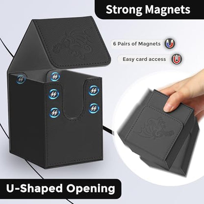 Card Deck Box with 2 Dividers, MTG Commander Deck Box Holds 100+ Double-Sleeved Cards, Leather Magnetic Deck Case Compatible with Magic TCG CCG Cards, Black/Dragon - color: 4. Black 01,Dragon 01, size: 100 Double-sleeved Cards Vertical