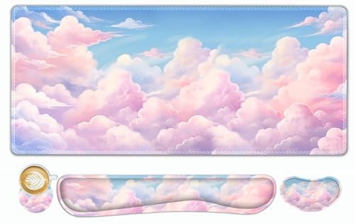 ToLuLu Large Mouse Pad Desk Pad, Wrist Rest Desk Mat for Keyboard and Mouse | 4PCS 35.4”x15.7" XXL Giant Mouse Pad Set, Non-Slip Base Stitched Edges Support Mousepad for Home Office, Dreamy Clouds - color: Dreamy Clouds