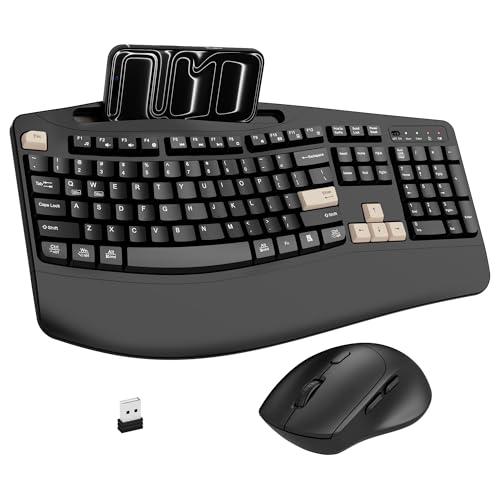 Wireless Keyboard and Mouse Combo, 2.4G Ergonomic Wave Keys(Latte Black) | Full Size Ergonomic Keyboard with Wrist Rest, Phone Holder, 3-Level DPI Silent Mouse with 6-Buttons,for Windows/Mac OS/Laptop - color: Latte Black