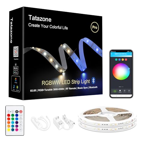 Tatazone RGBWW Bluetooth LED Strip Lights, 65.6ft Tunable White 3000K to 6500K+RGB Led Light Strips, Music Sync Color Changing Indoor LED Rope Lights for Cabinet, Bedroom,2 Roll of 32.8ft - style: Bluetooth-65.6ft-Not Support Alexa and Google
