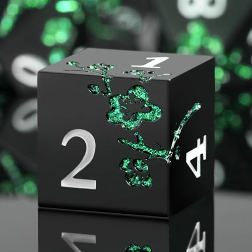 Glitter Green DND Metal Dice, DNDND 7 PCS Flower Metallic DND Dice Set with Gorgeous Gift Case for Dungeons and Dragon Tabletop Game (Matte Black with Glitter Green Flower) - color: Flower Glitter Green