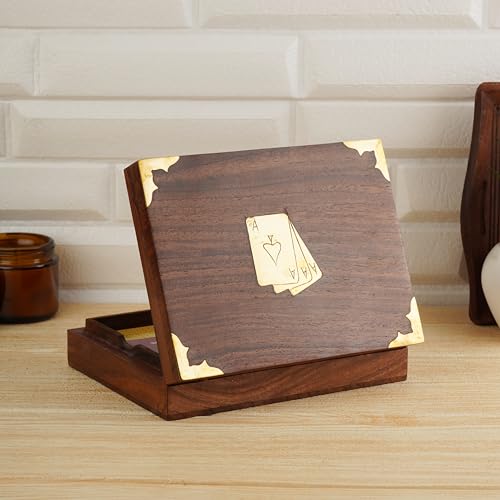 Ajuny Handcrafted Wooden Double Deck Playing Card Box Holder Decorative Storage Case Organizer With 2 Set of 'Ace' Playing Cards Brass Inlay Anniversary Housewarming Gifts For Him Her