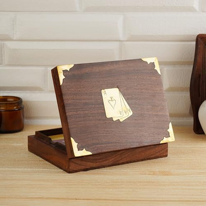 Ajuny Handcrafted Wooden Double Deck Playing Card Box Holder Decorative Storage Case Organizer With 2 Set of 'Ace' Playing Cards Brass Inlay Anniversary Housewarming Gifts For Him Her