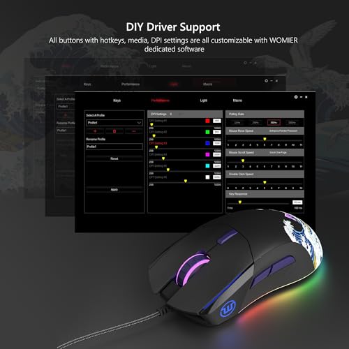 Womier Wired Gaming Mouse,Black RGB Anime Mouse w/Ergonomic Computer | 12000DPI/6 Programmable Buttons Programmable Buttons for Laptop PC Mac Windows (G705 V2 Kanagawa) - color: Black