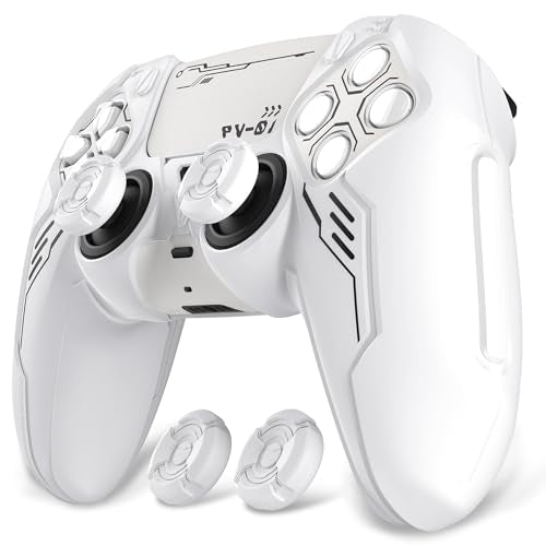 PlayVital Mecha Edition Silicone Cover Compatible with ps5 Controller with 2 Joystick Caps and 6 Stickers, Shockproof Non-Slip Grip Protector Accessories, Fits for ps5 Charging Station - White - color: White
