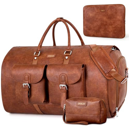 Garment Bag for Travel Convertible Carry on Travel Duffel Bag for Men Women | 3PCS Large Weekender Bag with Waterproof Shoes Pouch 2 in 1 Hanging Clothes Suit Dress Bag Travel Garment Duffel Bag 56L - color: A1-Brown-Faux Leather