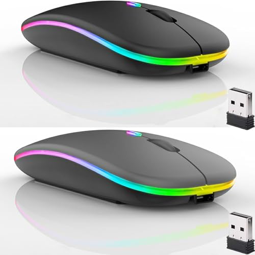 2 Pack Wireless Bluetooth Mouse,LED Dual Mode Rechargeable Silent Slim Laptop Mouse,Portable(BT5.2+USB Receiver) Dual Mode Computer Mice,for Laptop,Desktop Computer,Tablet,Phone,TV (Black+Grey) - color: 2 pack Black+Grey
