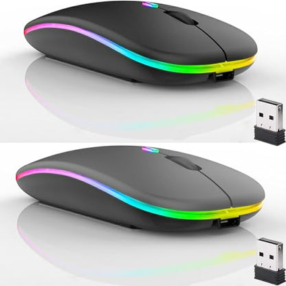 2 Pack Wireless Bluetooth Mouse,LED Dual Mode Rechargeable Silent Slim Laptop Mouse,Portable(BT5.2+USB Receiver) Dual Mode Computer Mice,for Laptop,Desktop Computer,Tablet,Phone,TV (Black+Grey) - color: 2 pack Black+Grey