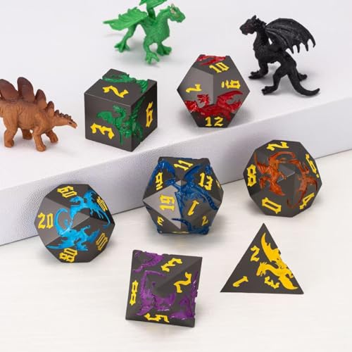 Metallic DND Dragon Dice Set,Metal Polyhedral Dice with Dragon for Dungeons and Dragons RPG TTRPG D&D 7-Die Set with Gift Case - color: Pearl Gun 7 Colors