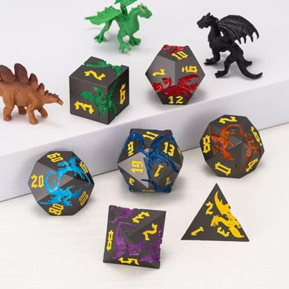 Metallic DND Dragon Dice Set,Metal Polyhedral Dice with Dragon for Dungeons and Dragons RPG TTRPG D&D 7-Die Set with Gift Case - color: Pearl Gun 7 Colors