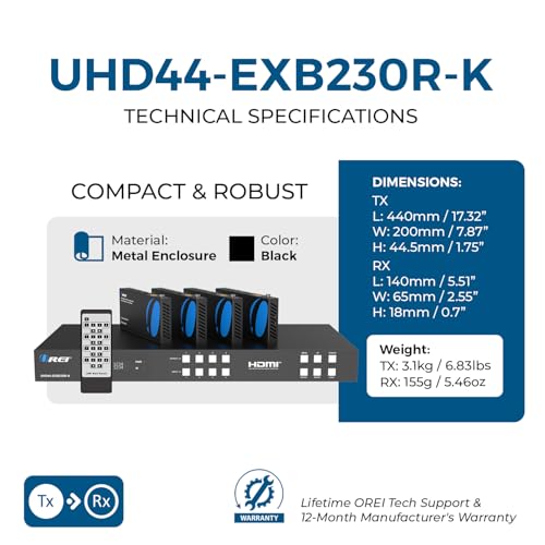 OREI HDBaseT 4x4 Matrix Extender HDMI 230ft 4K60Hz HDR EDID RS-232 TCP/IP | HDMI Matrix Switch Extender, 4x4 HDMI Extender Matrix 4K – HDMI 2.0, HDCP 2.2, Dolby TrueHD, DTS-HD MA - size: 4x4 - Up to 230 Ft