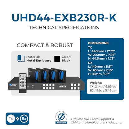 OREI HDBaseT 4x4 Matrix Extender HDMI 230ft 4K60Hz HDR EDID RS-232 TCP/IP | HDMI Matrix Switch Extender, 4x4 HDMI Extender Matrix 4K – HDMI 2.0, HDCP 2.2, Dolby TrueHD, DTS-HD MA - size: 4x4 - Up to 230 Ft