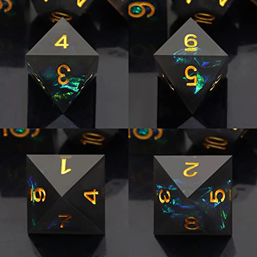 Haxtec Sharp Edge DND Dice Set, Iridecent Resin Polyhedral RPG Dice | Black Galaxy Green Holographic D&D Dice, Compatible with Dungeons and Dragons, Handmade 7-Die with Metal Case, MTG Gifts - color: Black Green