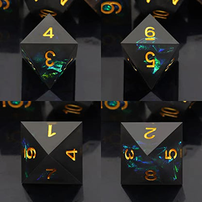 Haxtec Sharp Edge DND Dice Set, Iridecent Resin Polyhedral RPG Dice | Black Galaxy Green Holographic D&D Dice, Compatible with Dungeons and Dragons, Handmade 7-Die with Metal Case, MTG Gifts - color: Black Green