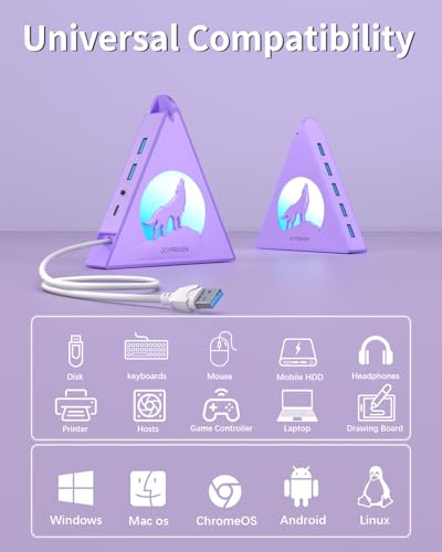 USB 3.0 Hub 7 Port, Vertical USB Splitter with RGB Lighting, 5Gbps High-Speed Data Transfer, 2FT Extension Cable, Tower USB Hub for PC, Laptop, MacBook, PS5, Xbox, Flash Drive, Printer (Light Purple) - color: Light purple