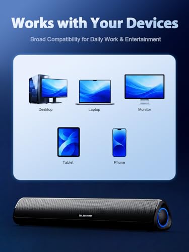 Bluedee Computer Speakers for Desktop PC, Rechargeable Computer Sound Bar with Hi-Fi Stereo Sound, Bluetooth 5.3 & 3.5mm AUX, Slim PC Soundbar for Desktop, Laptop, Monitor & Gaming Setup