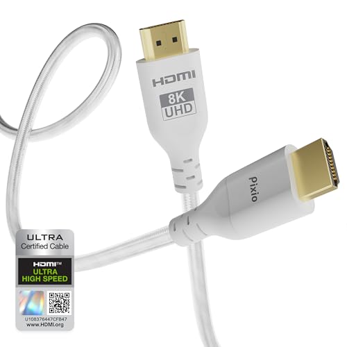 Pixio White 8K HDMI 2.1 Cable Ultra Certified Ultra High Speed 10FT 8K 60Hz 4K 120Hz Nylon Braided Gold Plated Connector Anti-Breakage HDR10+ DTS eARC HDCP Dolby Compatible - color: White, size: 10 ft