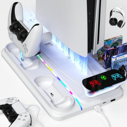 heclynis PS5 Cooling Stand for PS5/Slim/Pro, Dual Charger, RGB | Sturdy stand for PS5/Slim/Pro cools console, charges 2 controllers, stores 12 games and adds RGB lighting