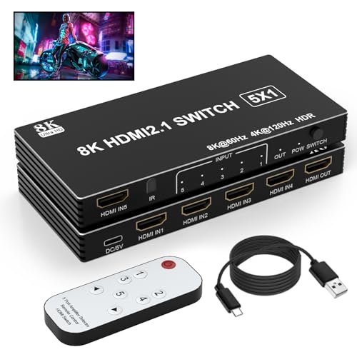 8K HDMI Switcher 5 in 1 Out, HDMI Splitter with IR Remote Switcher Selector Box Support 8K@60Hz 4K@120Hz, HDMI 2.1 Switch Compatible with PS 5/4/3 Xbox Switch Roku TV Fire Stick