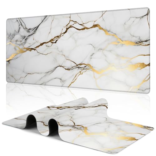 Desk Mat,Gold Line Marble Gaming Mouse Pad,31.5""X15.7"" Large Desk Pad with Stitched Edge Non-Slip Base Keyboard Big Mouse Pad for Office Home Work Gaming-White, WDQ-D02 - color: Marble Granite with Gold Texture