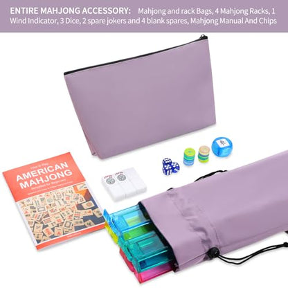 American Mahjong Tile Set, 166 White Tiles with Purple Bag, Accessories, 4 Mahjong Racks with Pushers, Mahjong Set for Beginners (Ma Jong, Mah-Jongg) - color: Purple