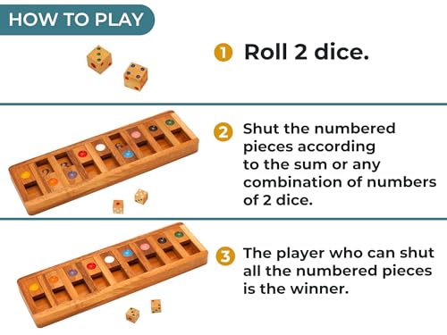 BSIRI Classic Shut The Box Game Wooden 12 Numbers with Math Lover Player Wood Box of Brain Teaser Puzzles Single Player Original Wood Dice and Close flip Number Board Games Adults Travel Mini Size - style: Shut the Box Game