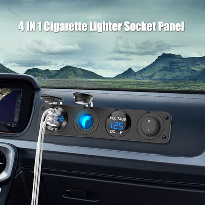 4 in 1-12V USB Outlet RV Accessories Marine Switch Panel Plug, PD3.0 and Dual QC3.0 Car USB Port Aluminum Charger, Lighted 150W Cigarette Lighter Socket, Blue LED Voltmeter and Toggle Switch DIY Kit - color: Charger+Socket+Voltmeter+Switch