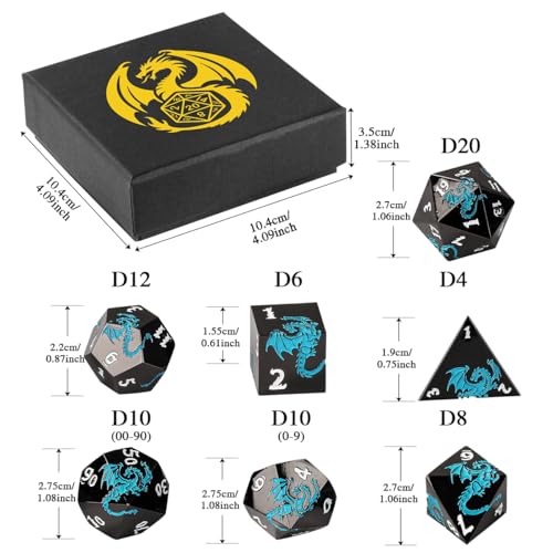 Metal Dice Set, Flat Face Black Blue Dragon Pattern, 7pcs Polyhedral Metal DND Dice Set, DND Starter Set, D&D Gifts with Gift Box, Role Playing Board Games Accessories, Black - color: Black +Blue