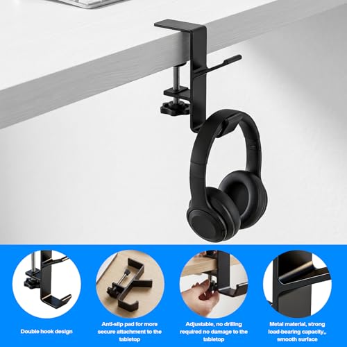 4 Pcs Under Headset Stand - Aluminum Alloy Headphone Holder with 1 Cord Organizer for Desk Fit for PC Gaming Headset Hanger Hook Suitable for Office,Computer, Class Desk, Handmade Creator Table,Black
