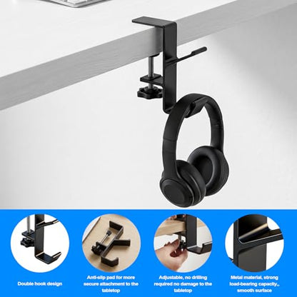 4 Pcs Under Headset Stand - Aluminum Alloy Headphone Holder with 1 Cord Organizer for Desk Fit for PC Gaming Headset Hanger Hook Suitable for Office,Computer, Class Desk, Handmade Creator Table,Black