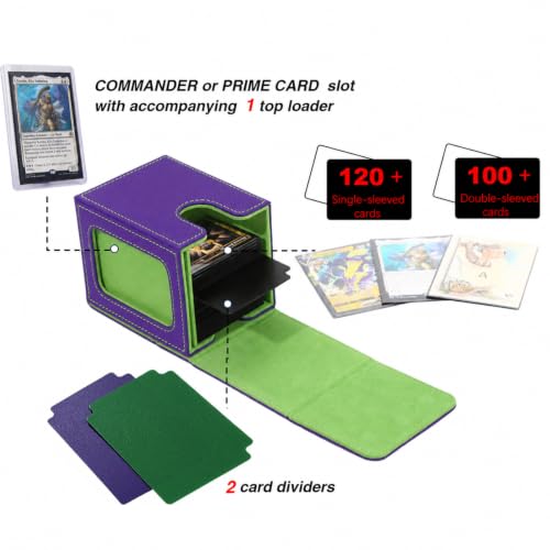 MTG Deck Box with Commander Display Window (Purple&Green, 1 window) | Holds 120 Single/100 Double-Sleeved Cards, Fit MTG/PTCG/OPTCG Cards, Strong Magnet, PU Leather, With 2 Dividers & 1 Toploader - color: Purple and Green