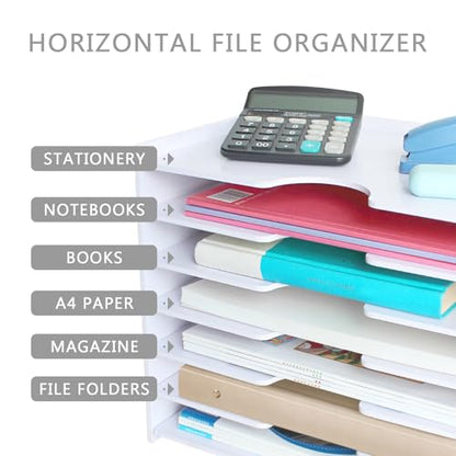 SONGWAY File Organizer for Desk - 7 Tier Wide Document Holder, Letter Mail Tray Storage Rack, A4 Paper Storage Holder, Desktop Organizer for Home Office School, White - size: 7 Tier Wide