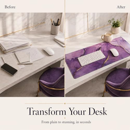 Purple Marble Desk Mat 35.4x15.7 Inch, Large Extended Mouse Pad with Gold Fluid Art Design, Non-Slip Water-Resistant Desk Pad for Women, Home Office & Aesthetic Setup - color: Purple Marble