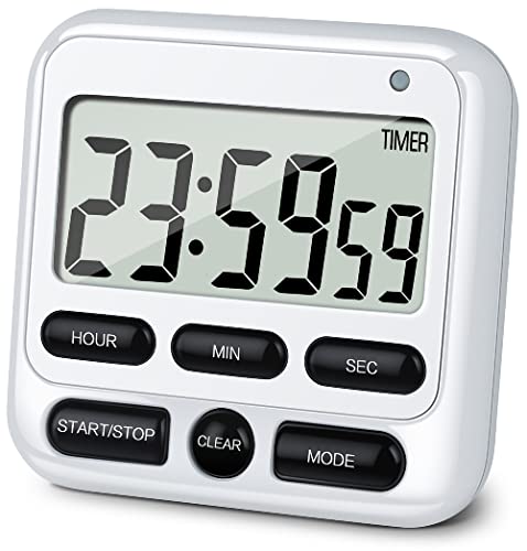 4-in-1 Digital Timer with Count Up/Down, Clock & Alarm, Ring & Silent Modes | Large 2.8-Inch easy-read LCD, On/Off switch, 24-Hour count up/down, Fast-forward function, Magnetic back, stand, hanging hole - color: White