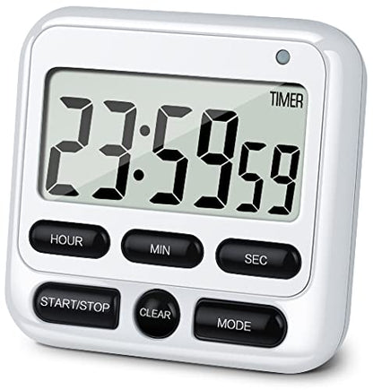4-in-1 Digital Timer with Count Up/Down, Clock & Alarm, Ring & Silent Modes | Large 2.8-Inch easy-read LCD, On/Off switch, 24-Hour count up/down, Fast-forward function, Magnetic back, stand, hanging hole - color: White