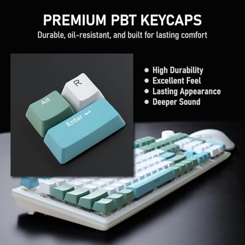 iRocks K74R Wireless RGB Illuminated Mechanical Gaming Keyboard, Hot-Swappable Switches, Easy-Clean Floating Design, PBT 107 Keys NKRO, Detachable USB-C Cable - Island Blue (Red Switches) - color: Island Blue, size: Red Switches