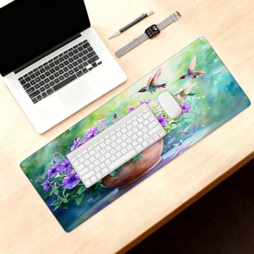 Purple Morning Glory Hummingbird Gaming Mouse Pad, with Stitched Edges, Rubber Base Keyboard and Mouse pad Desk Mat Non-Slip Waterproof Protector Writing Pad for Work Game Office Home 11.8x31.5in - color: B 008, size: Large