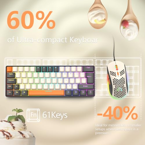 RK-T60 Wired 60% TKL Mechanical Gaming Keyboard Led Rainbow Backlight Ultra-Compact NKRO Linear Red Switch ABS Keycap RGB Honeycomb Mice Coiled Aviator Cable for Windows Laptop PS4/PC/WIN Gamer - color: Milk/Brown Switch