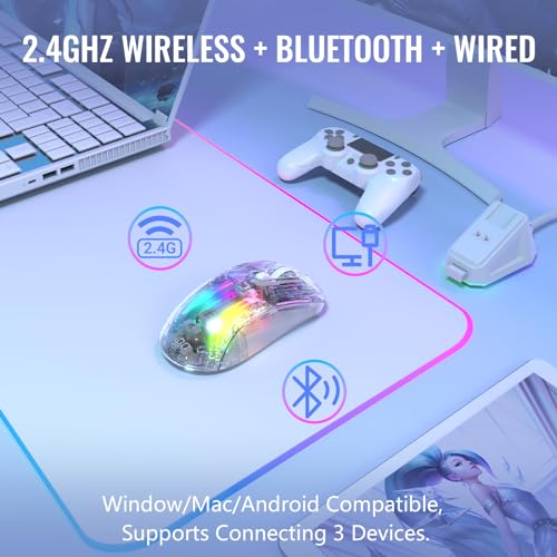 ATTACK SHARK X2 Pro Wireless Gaming Mouse with RGB Charging Dock,Tri-Mode PC Gaming Mice 2.4G/Bluetooth/Wired,Noiseless Mouse RGB Backlit,Transparent Shell,PixArt 3212 4000 DPI,for Win/MAC,White - color: White PRO