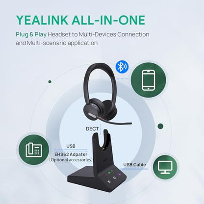 Yealink WH64 DECT & Bluetooth Dual UC Zoom Wireless Headset, 606 ft Range On Ear Work Headphones with 3X Noise Cancelling Mic, 32H Talk Time, Ringer, Office Headsets for Desk Phone, PC,Cellphone - style: WH64 Dual-UC