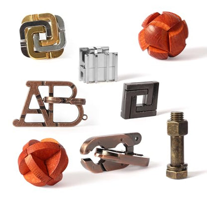RLYLF 8 Pcs Brain Teaser Puzzles Favor Educational Toys Mind Puzzles Ancient Wooden and Metal 3D Unlock Interlock IQ Puzzles Box Game - style: Styly J