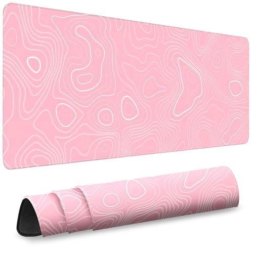 Mouse Pad Gaming - Desk Mat for Keyboard and Mouse - Large Mouse Pads for Desk, Gaming Mousepad with Non-Slip Base, Desks Pad (31.5" X 11.8") for Game, Office and Home - color: Contour Lines - Pink and White, size: 31.5L x 11.8W inches