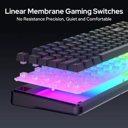 Redragon K526 PRO RGB Wireless Membrane Gaming Keyboard, 104 Keys Mechanical-Feel Keyboard w/LED Info Display, Media/Backlit Knob Control, Smooth Linear Switch & Software Supported - color: Black