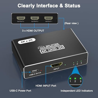 HDMI Splitter 1 in 3 Out, 4K HDMI Distributor for Triple Monitors, HDMI Splitter Copy 1 Source to 3 Displays at The Same Time for TV/Monitor/Projector/PS5/Laptop/STB (Power Cable Must Be Connected)