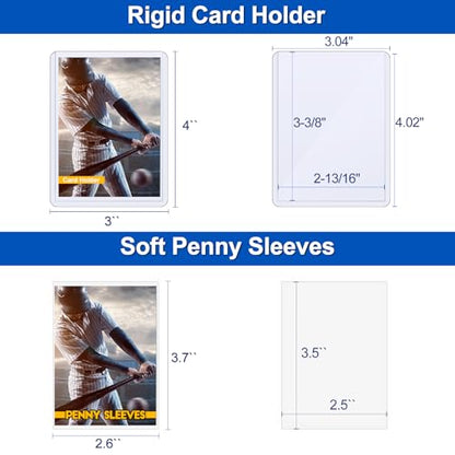 Sooez 100 Soft Card Sleeves&100 Hard Plastic Card Holder Combo, 35PT, 3"x4" | for Trading Card, Baseball Card Protector, Penny Sleeves for Collectible Game Card, Sturdy Standard Size Sports Football Card - size: 100 Hard Sleeves + 100 Penny Sleeves