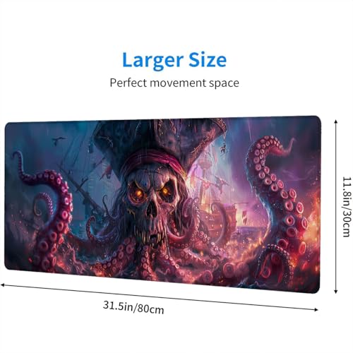 Octopus Pirate Skull Desk Mat Black Ship Large Gaming Mouse Mat with Stitched Edges,Non-Slip Waterproof Rubber Base Mous Mat 31.5"x11.8" Office Computer Keyboard Laptop Home - color: Octopus Pirate Skull_019, size: 11.8" x 31.5"