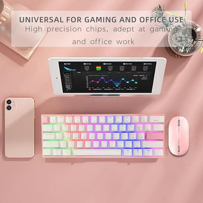 ONE-UP Portable 60% Mechanical Gaming Keyboard LED Backlit Compact 61 Keys Mini Wired Office Keyboard with Blue Switch PBT Keycaps for Windows Laptop PC Mac.（White/Pink） - color: Pink/White