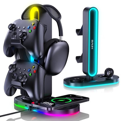 Headphone Stand, Dual Controller Holder, MagSafe Charger for iPhone/iWatch | RGB Gaming Headset Stand for All Headphones, Dual Outputs, ABS Solid Base, Adapter Included, Table Desk Organizer - color: Black with RGB